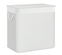 Panier à Linge 3 Compartiments, Corbeille 150L, Bac de Tri, avec Poignées, Couvercle avec Scratchs, Pliable, Linge, Ménage, Buanderie, Blanc [Avec couvercle et larges lattes en bambou] Le panier à lin