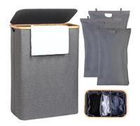 Panier a Linge 3 Compartiments，Corbeille à Linge Sale 160L Bac a Linge Sale de Salle de Bain en Bambou