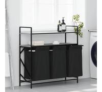Panier à linge à 3 compartiments avec étagères, gris Sonoma, sac à linge amovible avec poignées, cadre en acier robuste et matériau en bois, plateau supérieur pratique, polyvalent