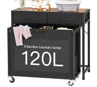 Panier à linge à roulettes avec 3 compartiments coulissants, panier à linge avec 2 tiroirs et panneau supérieur 2 tons, panier à linge avec roulettes pour l'organisation de la buanderie, salle de bain
