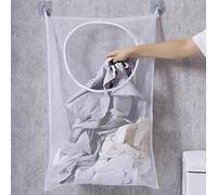 Panier à linge à suspendre, panier à linge sale en maille, sac de rangement à suspendre avec 2 ventouses puissantes, sac de rangement pour salle de bain ou buanderie, blanc