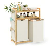 Panier à Linge, avec 2/3 Compartiments, Corbeille à Linge, en Bambou, Capacité de 100/150 Litres, avec Étagère, Poches Latérales, 2 x 50/3 x 50 L, 63 x 33 x 98/94 x 33 x 98 cm, Blanc Crème [2 / 3 COMP