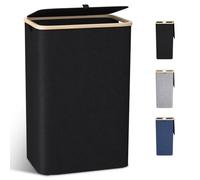 Panier à Linge avec Couvercle,100L Grand Corbeille à Linge avec Poignées en Bambou, Bac a Linge Laundry Basket Pliable XXL Pliable avec Sac Amovibles en Tissu Oxford,Noir