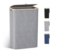 Panier à Linge avec Couvercle,100L Grand Corbeille à Linge avec Poignées en Bambou, Bac a Linge Laundry Basket Pliable XXL Pliable avec Sac Amovibles en Tissu Oxford,Gris
