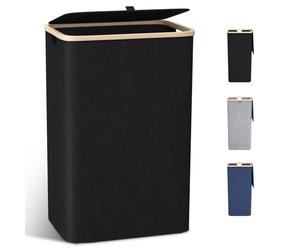Panier à Linge avec Couvercle,100L Grand Corbeille à Linge avec Poignées en Bambou, Bac a Linge Laundry Basket Pliable XXL Pliable avec Sac Amovibles en Tissu Oxford,Noir