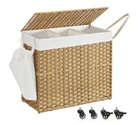 Panier à linge avec couvercle, 160L, Corbeille Linge Sale Tressé, avec roulettes, 70 x 36 x 66 cm, Couleur Boisée Marron