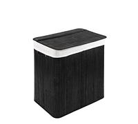 Panier à linge avec couvercle et 2 compartiments - solide boîte à linge en bambou - Panier à linge noir avec sac à linge, lavable - 100% bambou - 104 litres