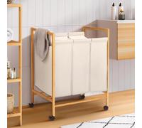 Panier à linge bambou ALBIN avec roulettes 3 compartiments en tissu écru