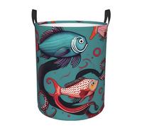 Panier à linge circulaire imprimé poisson et pieuvre avec tissu Oxford résistant à l'eau pour chambre et salle de bain
