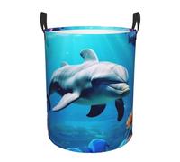 Panier à linge circulaire/océan sous-marin dauphin poisson/panier de rangement pliable pour vêtements sales, avec poignées, résistant à l'eau, pour chambre à coucher, salle de bain, bacs de rangement