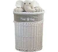 Panier à linge Coffre à linge Osier rond blanc Couvercle avec peluche éléphant Housse couvercle 60L D.39 H.55
