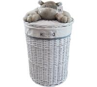 Panier à linge Coffre à linge Osier rond blanc Couvercle avec peluche Hippo Housse Couvercle 60L D.39cm H.55cm