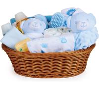Panier à linge comme cadeau de bébé garçon - contient des vêtements de bébé, un hochet et une couette avec un ours en peluche et des accessoires de bébé comme cadeau pour la maternité