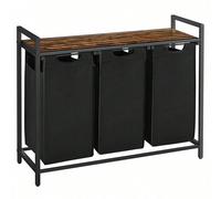 Panier à Linge, Corbeille à Linge, Rangement 3 Compartiments, 3 Sacs Amovibles en Tissu Oxford, Étagère, Cadre en Métal, 3 x 38L, 92,5 x 33 x 72 cm, Marron rustique, noir [3 compartiments de tri] Ce p