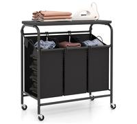 Panier à Linge COSTWAY à 3 Sacs Amovibles en Tissu Oxford avec Planche à Repasser, 4 Roulettes Verrouillables 80,5 x 41,5 x 87,5 cm