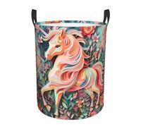 Panier à linge de salle de bain, panier à linge rose en papier découpé licorne portable, panier à linge rond monocouche, panier de rangement de vêtements avec poignées,