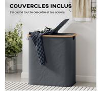 Panier à linge double pliable 80 L corbeille à linge sale avec couvercle poignées rainurées gris