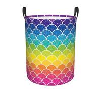 Panier à linge en forme d'écailles de poisson arc-en-ciel avec poignées circulaires pour un déplacement facile Panier à vêtements sales personnalisé Rangement simple