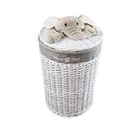 Panier à linge en osier - Blanc/gris clair - Motif éléphant - Diamètre 32 cm - Hauteur 48 cm
