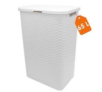 Panier à linge en plastique blanc avec couvercle, effet rotin - 65 litres - Collecteur de linge avec effet tressé et poignées latérales - Panier collecteur pour le linge