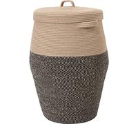 Panier à linge extra large tissé avec couvercle, panier de rangement en corde de coton, bac décoratif autonome pour chambre et salon, 66 x 50,8 cm, toile de jute/noir mélangé