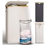 HENNEZ Panier a Linge avec Couvercle - Corbeille a Linge Poignée en Bambou - Paniere a Linge Sale Pliable 100 L - Bac a Linge pour Buanderie,Panier à Linge, Beige