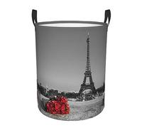 Panier à linge imprimé tour de Paris et rose rouge, panier à linge circulaire, sac de rangement étanche pour vêtements sales, panier à linge sale avec poignées, sac de rangement pliable pour salle de