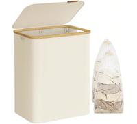 Panier à Linge Mince avec Couvercle, 65L/90L baril unique, 130L 2 Compartiments, 150L 3 Compartiments, Doublure en Maille Amovible, Tissu Oxford, Poignées en Bambou, Pliable, Blanc crème [Gain de plac