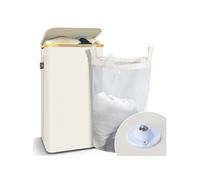 VOUNOT® Panier à Linge Pliable avec Roulettes 100L Bac a Linge avec Couvercle et Sac Intérieur Amovible Grande Capacité Corbeille à Linge avec Poignées et Cadre en Bambou pour Vêtements Beige