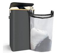 Vounot - Panier à linge pliable 100L avec roulettes, couvercle, sac amovible, cadre bambou - Gris