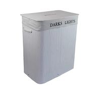 Panier à linge pliable en bambou blanc avec 2 compartiments de tri housse couvercle poignée suspendue 52 x 32 H 63