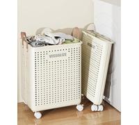 Panier à linge pliable en plastique avec roulettes, grande capacité, seau de rangement pour vêtements avec poignée renforcée, bac à linge portable (beige, taille L, 50 x 36,1 x 22,1 cm)