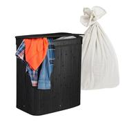 Panier à linge Relaxdays, 2 compartiments, bambou, 100 L, pliable, HxLxP 60x52x32 cm, tri du linge, noir