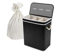Panier à linge Relaxdays, couvercle, 3 compartiments, bambou, 105 L, pliable, 63x52x32 cm, tri du linge, noir