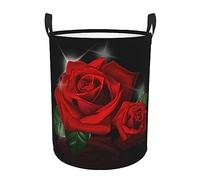 Panier à linge rond durable à une couche avec roses rouges - Sac à linge sale - Tissu Oxford, résistant à l'eau, facile à nettoyer