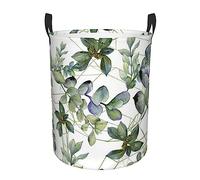 Panier à linge rond durable à une couche en forme de feuilles d'eucalyptus vert - Tissu Oxford, résistant à l'eau, facile à nettoyer