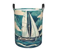 Panier à linge rond imprimé bateau océan avec poignées, résistant à l'eau, utilisé pour le rangement dans la chambre à coucher