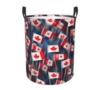 Panier à linge rond imprimé de nombreux petits drapeaux canadiens, avec poignées, résistant à l'eau, utilisé pour le rangement dans la chambre à coucher