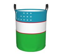 Panier à linge rond imprimé drapeau de la République d'Ouzbékistan, avec poignées, résistant à l'eau, utilisé pour le rangement dans la chambre