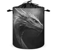 Panier à linge rond pliable avec cordon de serrage pour chambre à coucher et salle de bain Motif dragon gothique Noir et gris