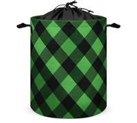 Panier à linge rond pliable avec cordon de serrage pour chambre à coucher et salle de bain Motif écossais Vert et noir