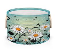 Panier à linge rond pliable avec poignées - Grand panier de rangement en toile pour vêtements, jouets, chambre d'enfant, chambre à coucher, placard - Motif marguerites blanches