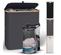 Panier à linge sale - HENNEZ - 2 compartiments - 140 L - Pliable - Poignée bambou - Gris foncé