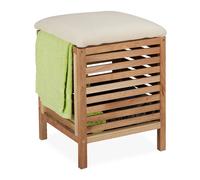 Relaxdays Tabouret avec Rangement, Panier, Noyer, Tissu, Corbeille à Linge 35 l, HLP : 51 x 39 x 39 cm, Nature