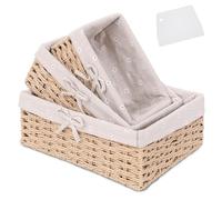 Panier à pain en jonc de mer avec insert en coton - 3 corbeilles à pain rectangulaires en jonc de mer - Panier tressé avec tissu en lin - Panier à pain rustique - Panier de rangement - Panier à pain