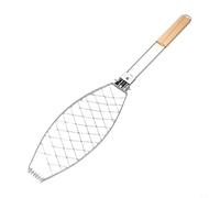 Panier à poisson avec poignée en bois amovible pour barbecue, support à steak portable en fer avec verrou et support intégré pour une cuisson uniforme du poisson