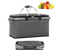 Panier à Provisions Pliable, 18L Grand Panier de Courses Isotherme Pliable, Panier de Courses Portable, avec Couvercle, Fermeture Eclair et Poignées, pour Le Camping, La Plage, Le Pique Nnique, Gris