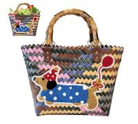 Panier à provisions tressé, sac tressé en rotin synthétique, teckel, sac de plage tressé, 40 x 13 x 30 cm, grand sac en osier pour femme, sac tressé, sac en paille d'été (D)