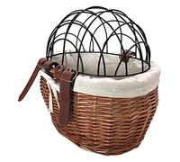 Panier à vélo en osier tissé avec sangles en cuir et dessus métallique pour petit animal domestique