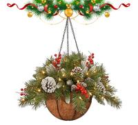 Panier avec pommes de pin - vert artificiel, pommes de pin et LED blanches, panier artificiel créatif suspendu en plein air décorations de Noël pour décoration de la maison, fêtes intérieures portes